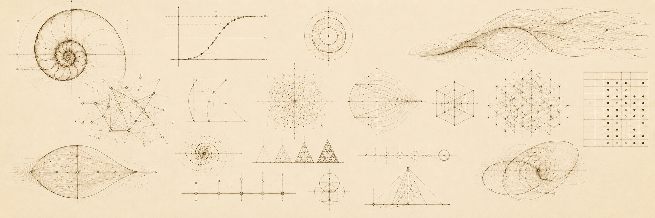 Manuscript-style banner: recursive spiral and threshold diagrams