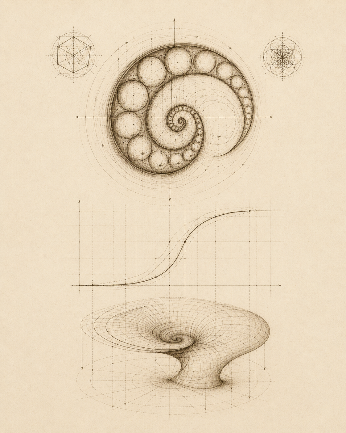 Manuscript-style diagram of recursive geometric forms